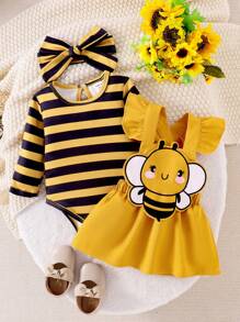 SHEIN Set Baju Terusan Bayi Perempuan Motif Garis-garis Lebah Lengan Panjang + Bordir Lebah - Kuning - View 8