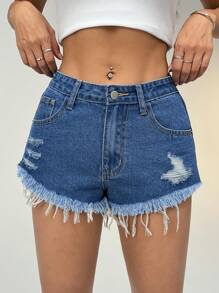 SHEIN PETITE Shorts de mezclilla con botones frontales, múltiples bolsillos, bajo deshilachado y desgastado, uso casual para todos los días