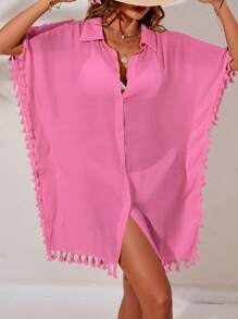 SHEIN Swim 流蘇邊蝙蝠袖前紐扣和服罩衫