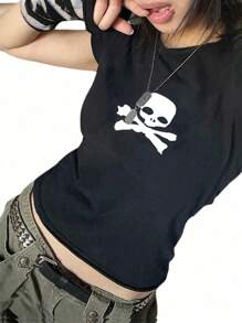 女士 Y2K 风格印花圆领短袖 T 恤，夏季休闲黑色 - 黑色 - 查看 5