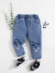 Pantalones vaqueros de otoño/primavera para bebés niños con diseño de orejas de oso y parches en las rodillas - Azul lavado medio - Ver 1
