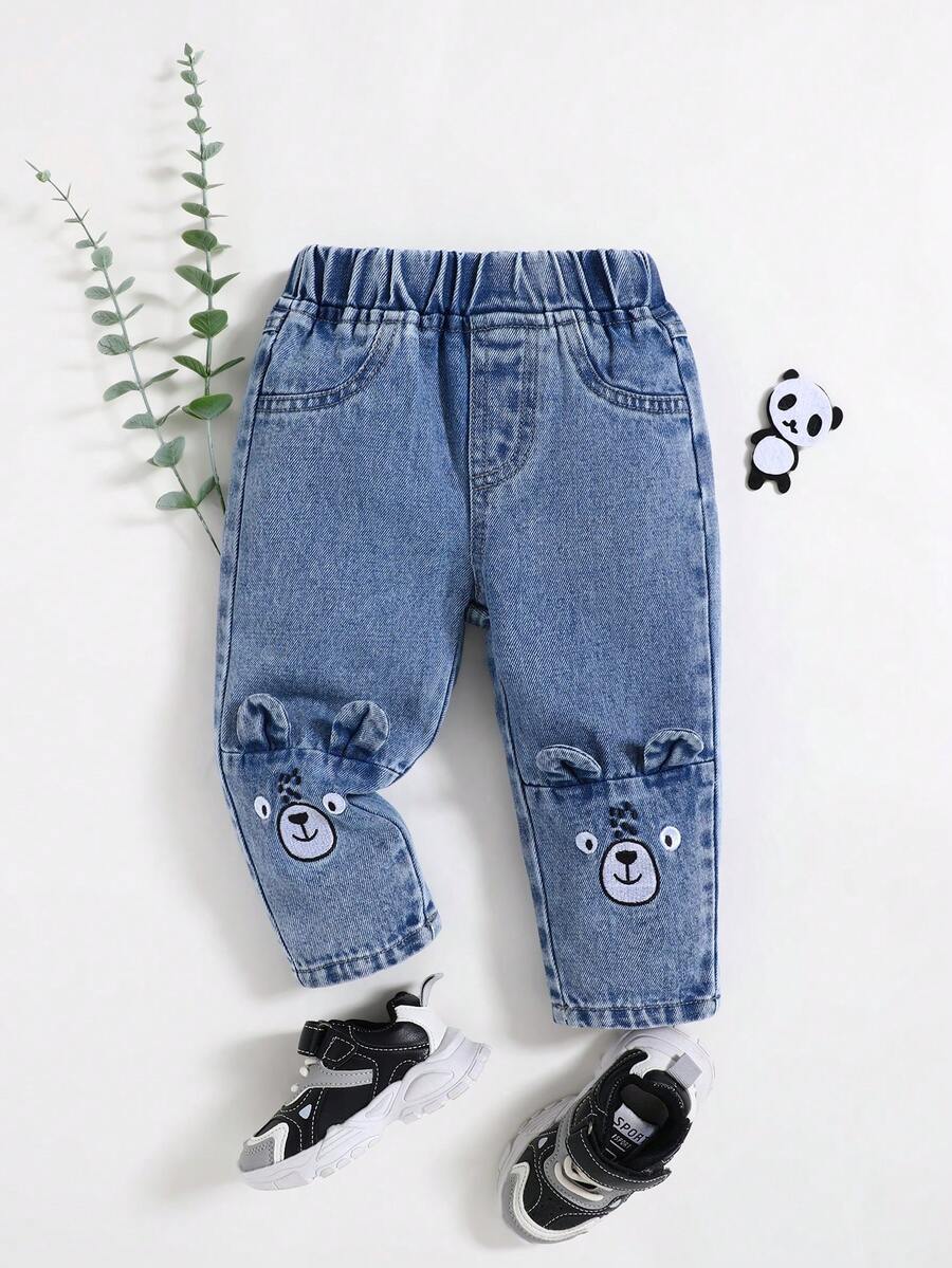 Pantalones vaqueros de otoño/primavera para bebés niños con diseño de orejas de oso y parches en las rodillas - Azul lavado medio - Ver 1