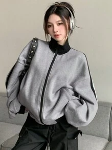 DAZY 女款休閒拼色拼接保暖內裡運動衫，秋冬長袖上衣，女裝外套拉鍊式校園風 - 灰色 - 查看 9