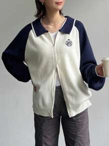 FRIFUL 女式字母印花拼色长袖拉链休闲开衫，秋冬