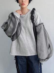 FRIFUL Women Mesh Panel Long Sleeve Thermal Lined Sweatshirt,Thermal Lined Fall,Winter - Grey - View 3