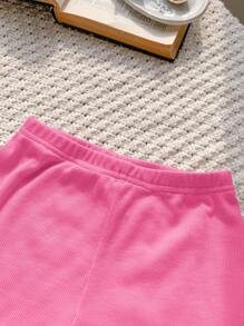 SHEIN LMoss Kids LMoss 6件套女婴纯色针织短袖上衣和松紧腰短裤休闲装 - 綠色 - 查看 7