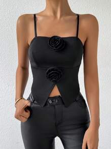 Chiquease 女士 3D 花卉装饰开衩吊带无袖上衣，夏季 - 黑色 - 查看 3