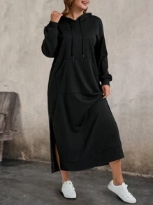 EMERY ROSE Casual Dress Plus Size Hooded Pocket Casual Slit Hem Dress