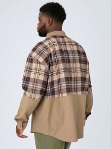 Manfinity VCAY Áo sơ mi dài tay trễ vai dệt chắp vá cỡ lớn dành cho nam, thích hợp cho mùa thu đông - Màu Khaki - Xem 2