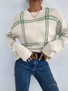 SHEIN LUNE 格纹落肩针织衫，休闲风格，适合春秋穿着，长袖上衣，针织套头衫，秋冬款 - 米色 - 查看 1