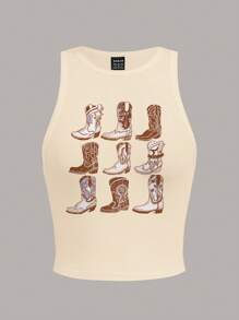 SHEIN EZwear Áo kiểu dáng tối giản, họa tiết kẻ caro, cổ tròn, ôm sát, thích hợp cho mùa hè, dành cho nữ. Chất liệu cotton. - Màu be - Xem 3