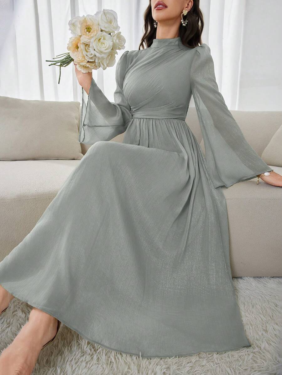 Modelyn Ladies Stand Collar Long Sleeve Pleated Elegant & Graceful Midi Dress Long Evening Dresses - Mint Green - View 1
