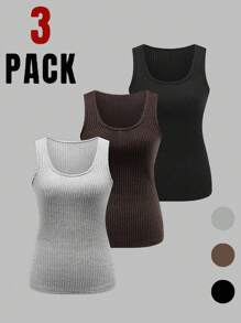 SHEIN LUNE 女式方领宽肩带罗纹三色背心套装，夏季和秋季 - 彩色 - 查看 1