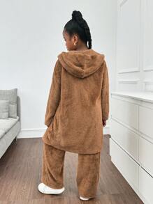 3 件套 Tween 女童休闲保暖双面羊毛连帽夹克、背心和阔腿裤套装 - 棕色 - 查看 2