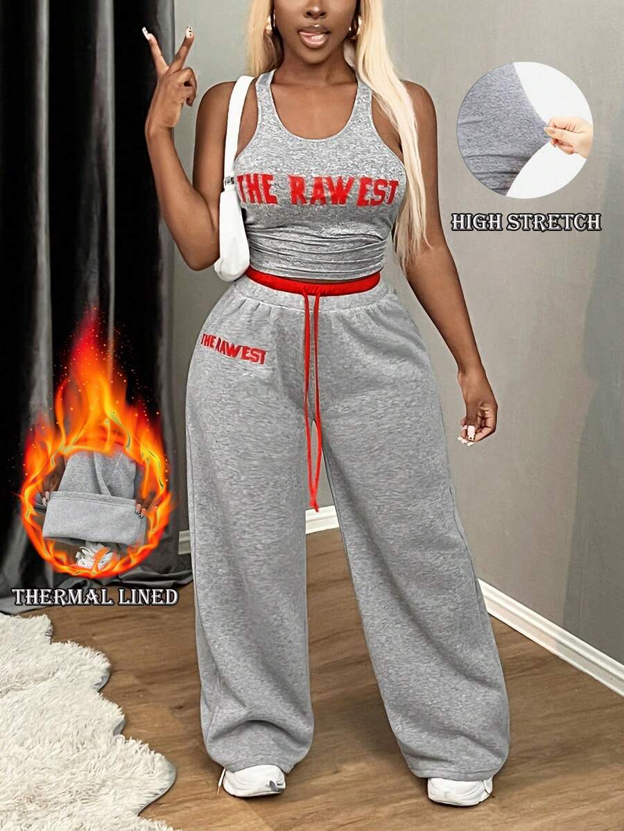 SHEIN SXY 2 件套女士加大码舒适休闲字母印花背心和撞色羊毛运动裤套装，秋冬