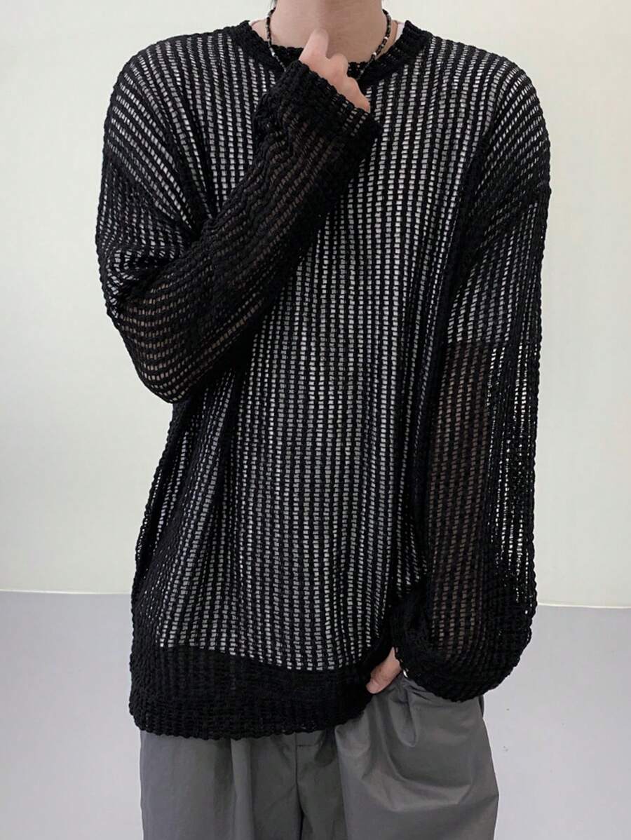 DAZY 男士纯色圆领长袖毛衣，春夏 - 黑色 - 查看 1