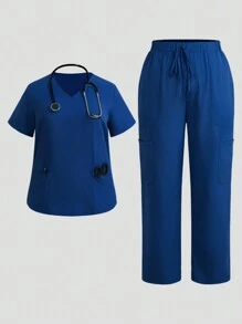 TaskEZ 大码女式纯色V领短袖上衣（带口袋和裤子）护理服、大码制服和手术服 - 藍色 - 查看 1