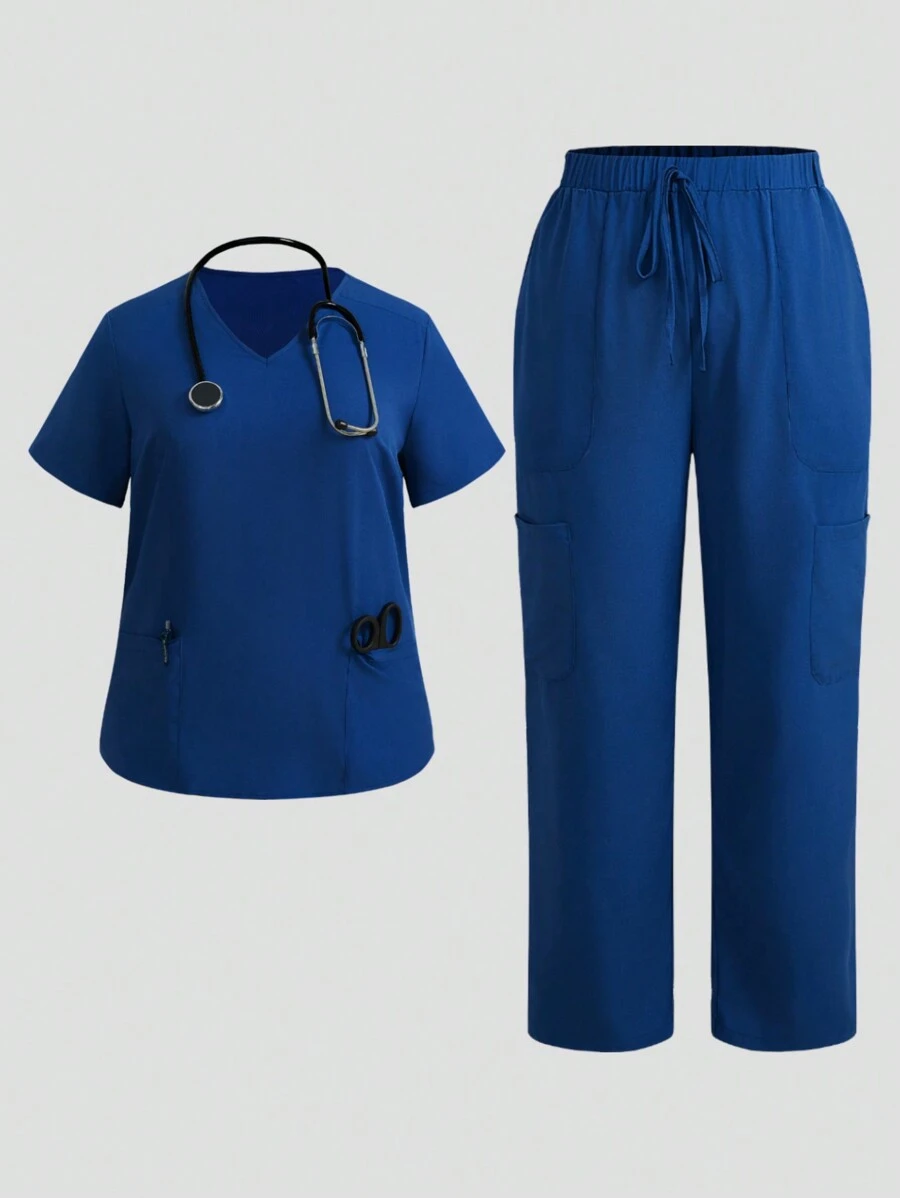 TaskEZ 大码女式纯色V领短袖上衣（带口袋和裤子）护理服、大码制服和手术服 - 藍色 - 查看 1
