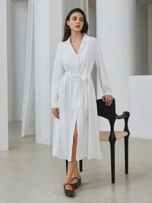 EMERY ROSE 优雅立领系腰修身百搭衬衫裙，春秋 - 白色 - 查看 6