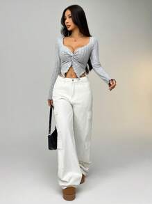 SHEIN EZwear Áo thun dài tay ôm sát cổ tròn màu trơn dành cho nữ, mùa xuân hè - Xám - Xem 3