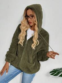 SHEIN LUNE Chaqueta con cremallera con capucha de forro polar verde del ejército para mujer, cálida y cómoda - Verde militar - Ver 4