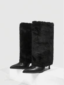 CUCCOO SZL Women Shoes Fashion Black Cool Fur Boots Black Trouser Boots Street Fried Pointed Loose High Heel Boots Commuting Date Party Fashion Events Halloween Witch Fall - Black - View 3