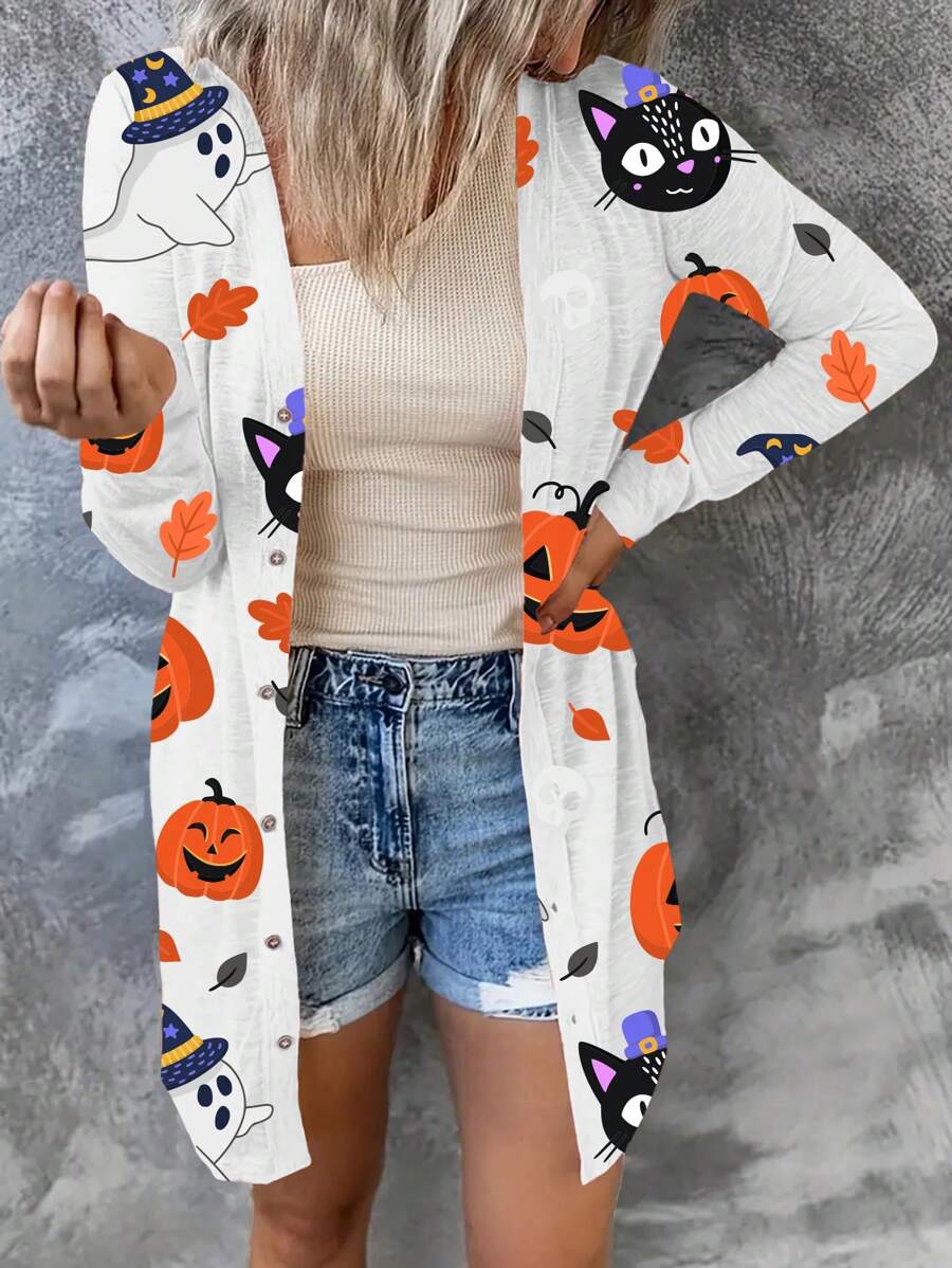 INAWLY Áo khoác nữ tay dài in hình quả bí ngô thường ngày, mùa xuân, mùa thu - Hồng - Xem 1