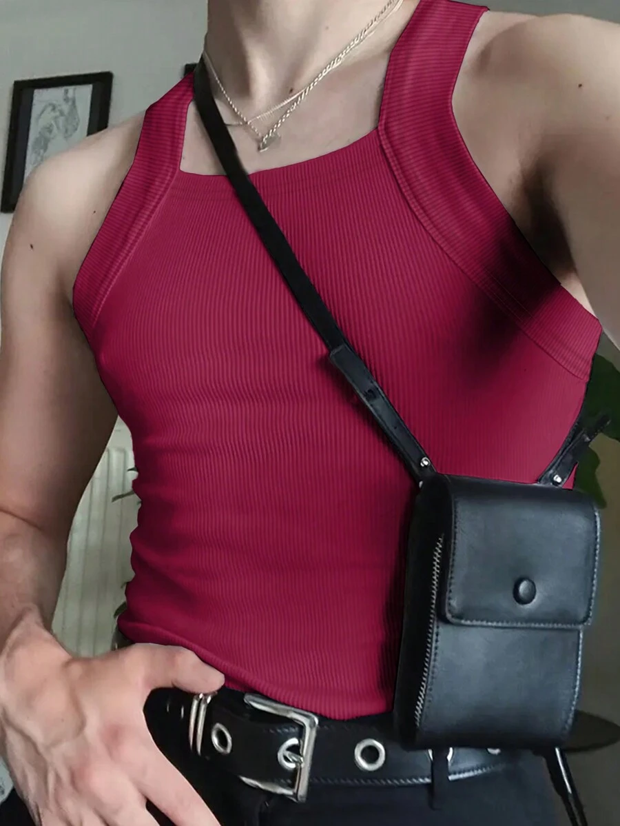 Men Solid Ribbed Knit Tank Top - Rose Red - View 1