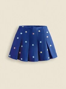 Maija Kids Maija Kids Young Girls Blue Star Embroidered Pleated Woven A-Line Skirt, Casual College Style For Everyday Wear, Autumn/Winter - Blue - View 6