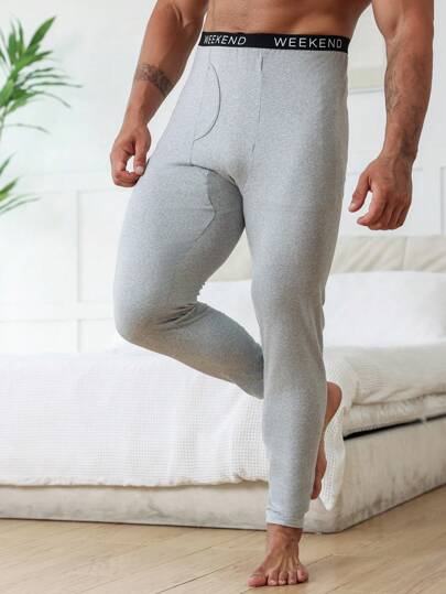 Men's Letter Print Compression Thermal Long Pants, Fall / Winter