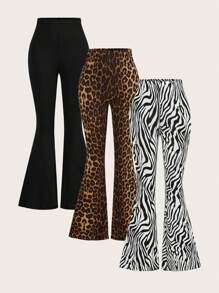 SHEIN EZwear 3pcs Women Leopard & Zebra Print Elastic Waist Flared Tight Pants Set, Suitable For Spring, Summer, Autumn