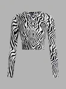 SHEIN EZwear 3 件套女士豹纹、斑马水钻蝴蝶结、字母印花圆领长袖修身短款 T 恤，适合春秋季节 - 彩色 - 查看 5