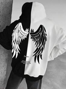 Manfinity Roughcore Men's Casual Contrast Color Wing Print Hoodie Sweatshirt Going Out Graphic Long Sleeve Color Block Hoodie, For Friends, Husband, Boyfriend Gifts, For Fall - Black and White - View 3
