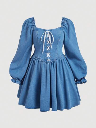 SHEIN MOD Plus Size Blue Denim Dress, Lantern Sleeve, Square Collar