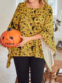 Halloween Plus Size Women Pumpkin Print Round Neck Batwing Loose Casual Blouse, Spring Summer Fall Cloth For Women