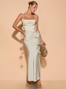 SHEIN BAE Women's Floral Spaghetti Strap Backless Dress Cocktail Party Wedding Evening Gown - Champagne - View 5