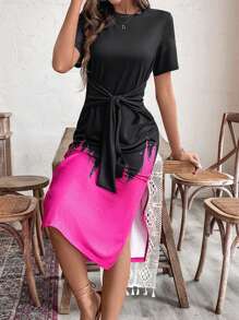 SHEIN LUNE Vestido de mujer con cuello redondo y detalles a dos tonos con cinturón, manga corta y abertura alta. Elegante y gracioso - Rosa Fucsia - Ver 6