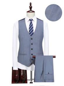 Manfinity Mode Men's Spring/Autumn Dress Striped Single-Breasted Vest And Pants Business Suit Set - Grey - View 1