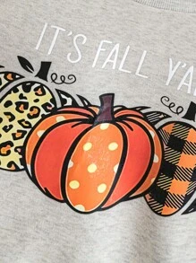 SHEIN LUNE 秋季万圣节南瓜和字母印花宽松圆领长袖女式运动衫，秋装 - 灰色 - 查看 3