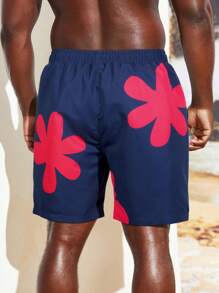 Manfinity Swimmode Plus Size Men's Floral Print Beach Shorts With Drawstring Waist