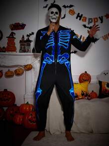 Manfinity Męska piżama kombinezonowa na Halloween, świecąca w ciemności, z nadrukiem czaszki i długim rękawem