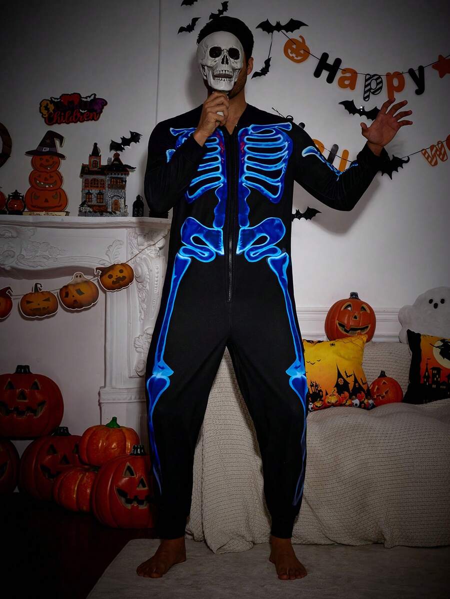 Manfinity Męska piżama kombinezonowa na Halloween, świecąca w ciemności, z nadrukiem czaszki i długim rękawem