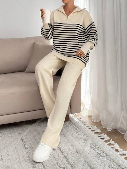 EURMUSE Dam Randmönster Zip Detaljerad Neck Drop Shoulder Pullover & Sweater Byxor Set