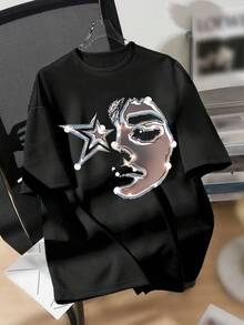 SHEIN 青少年男孩圆领短袖面部印花休闲 T 恤 - 黑色 - 查看 4