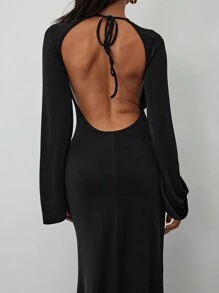 Aloruh Vestido largo ajustado tipo sirena de unicolor elegante sin espalda para mujer, otoño/invierno