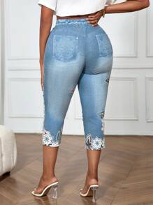 SHEIN VCAY 女式大码花卉图案蓝色牛仔裤 女式紧身裤 女式慢跑裤 女式高腰牛仔裤 秋季女装 - 淺色水洗藍 - 查看 2