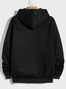 RueChic Men Japanese Letter & Mount Print Drawstring Hoodie For Autumn & Winter - Black - View 2