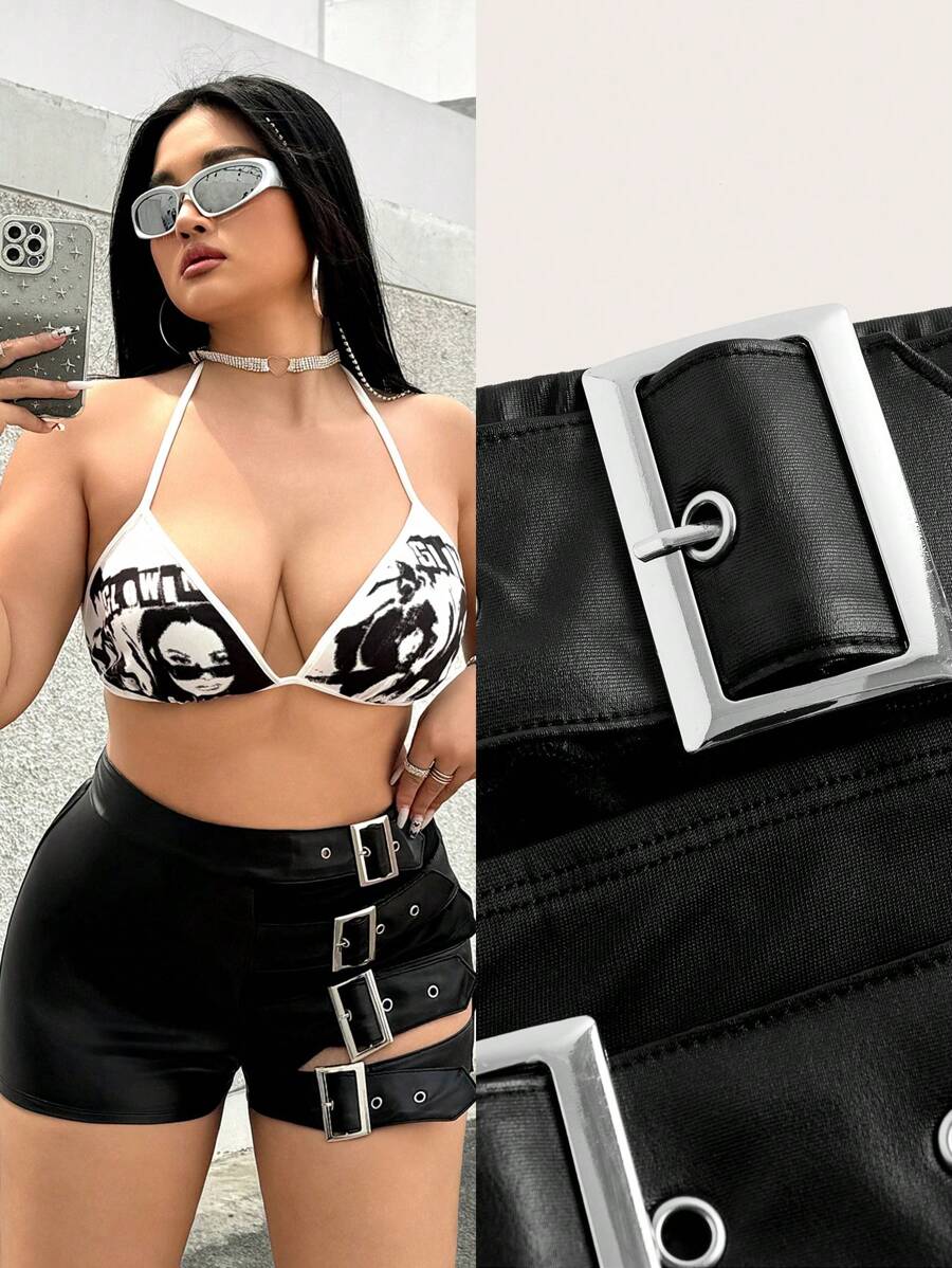 SHEIN ICON 大尺碼女款側邊扣可調節休閒短褲 - 黑色 - 查看 1