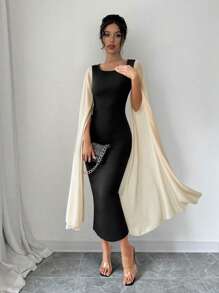 Chiquease Autumn Women Long Patchwork Cloak Sleeve Fitted Dress - Black - View 1