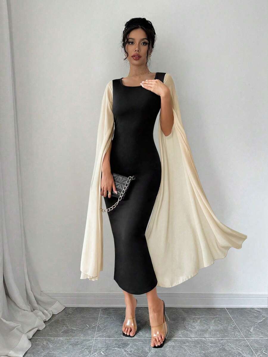 Chiquease Autumn Women Long Patchwork Cloak Sleeve Fitted Dress - Black - View 1